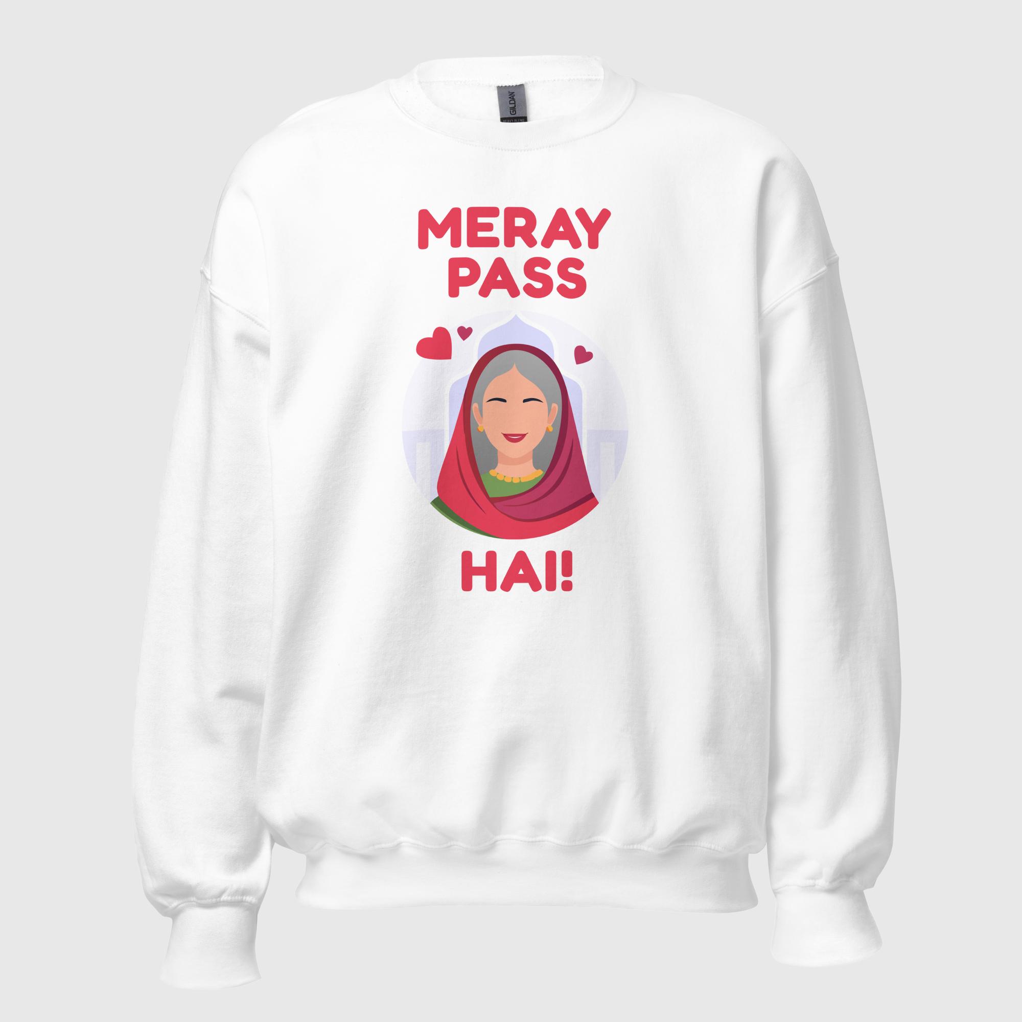 unisex-crew-neck-sweatshirt-white-front-69169658c53fa.jpg Meray Pass Ma Hai Unisex Sweatshirt - Image 1