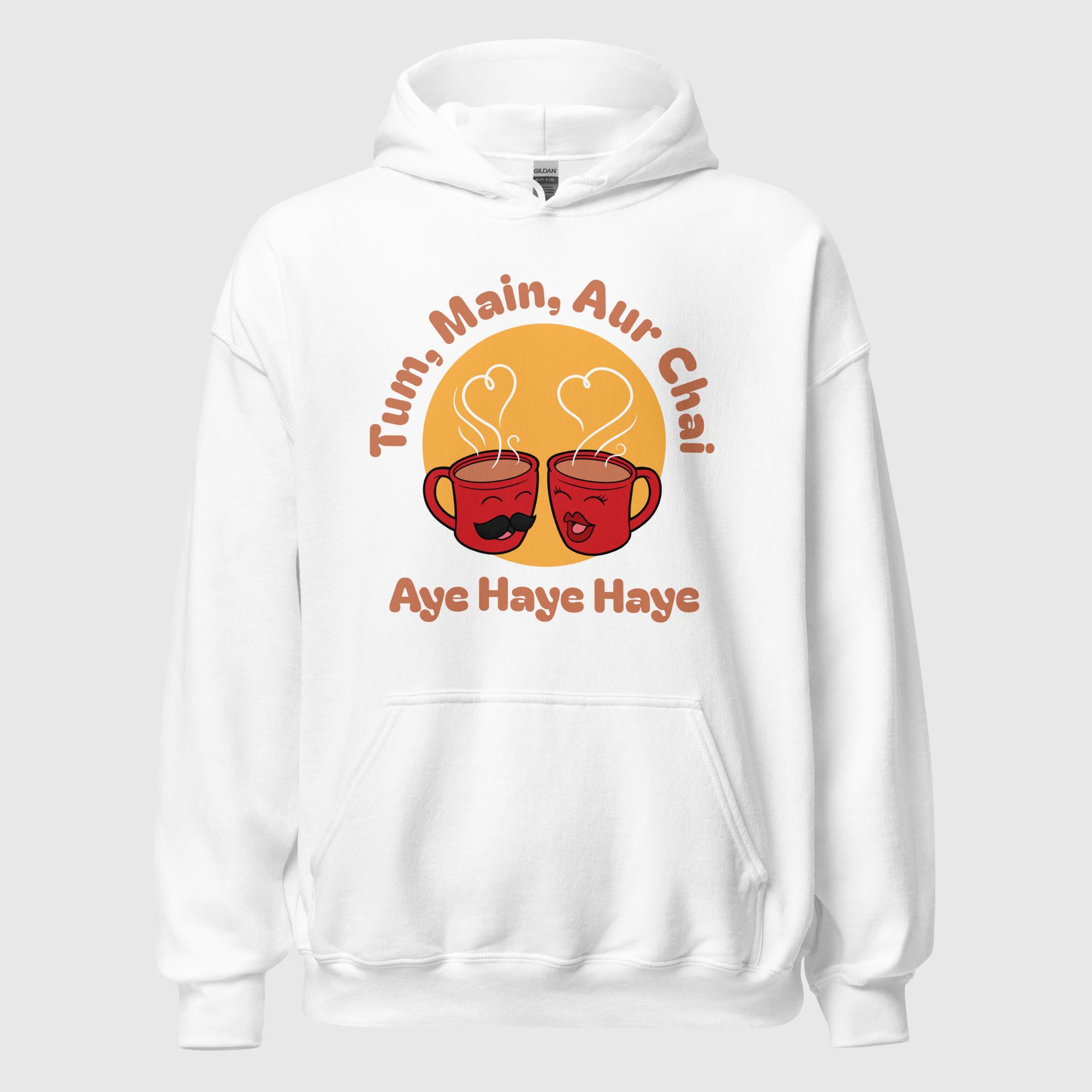 unisex-heavy-blend-hoodie-white-front-6907df38e913b.jpg Tum Main Aur Chai – Aye Haye Haye Unisex Hoodie - Image 1